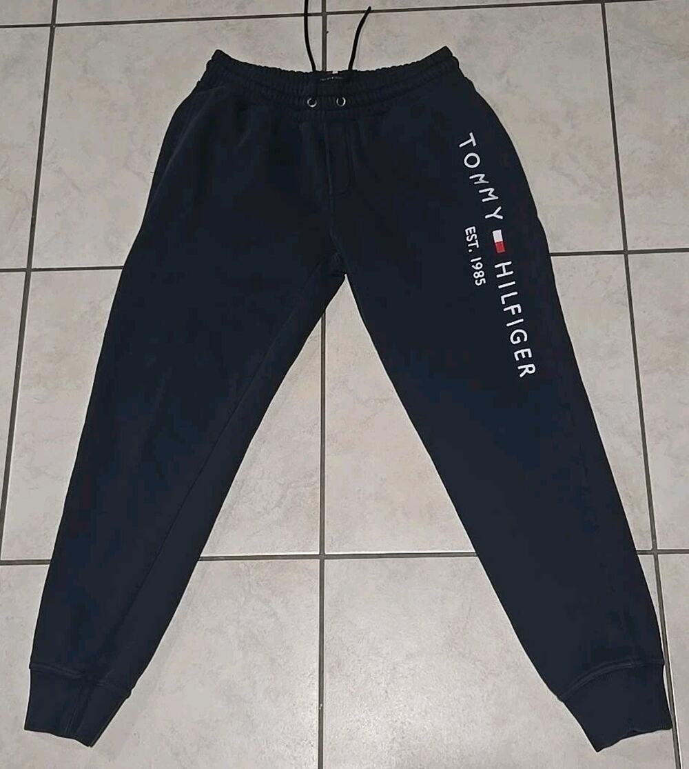 Tommy Hilfiger Mens M Navy Blue Logo Jogger Sweatpants Fleece Drawstring #0381